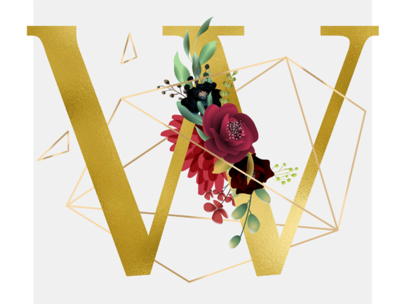 Alphabet W Floral Wreath in Golden Foil